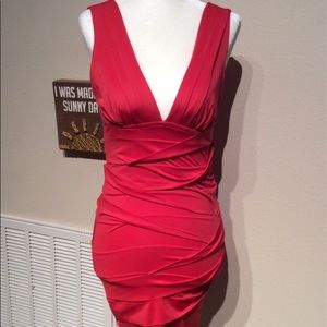 Ultra Sexy Coral Low Cut Bodycon Dress EUC